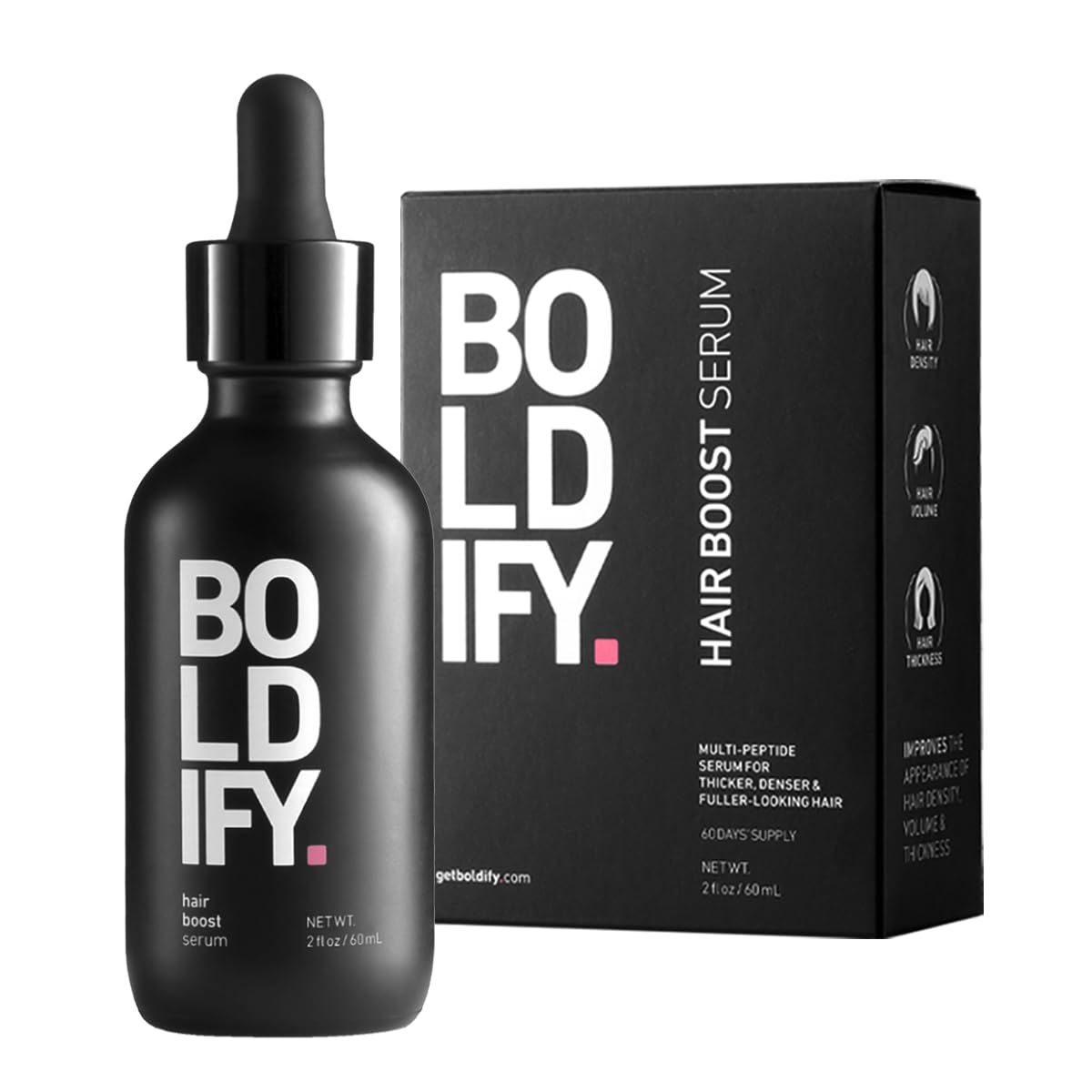 Boldify hair growth serum bottle highlighting premium formula for fuller hair