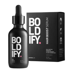 Boldify hair growth serum bottle highlighting premium formula for fuller hair
