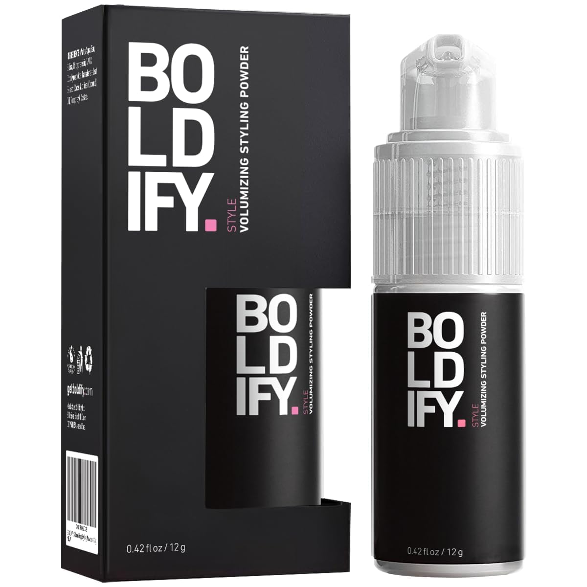 Boldify hair texture powder travel-size bottle showing instant root lift for fuller-looking hair