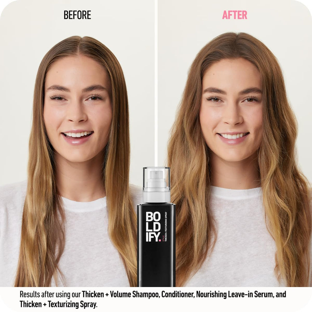 Boldify thickening spray on damp hair during application for fuller look