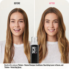 Boldify thickening spray on damp hair during application for fuller look