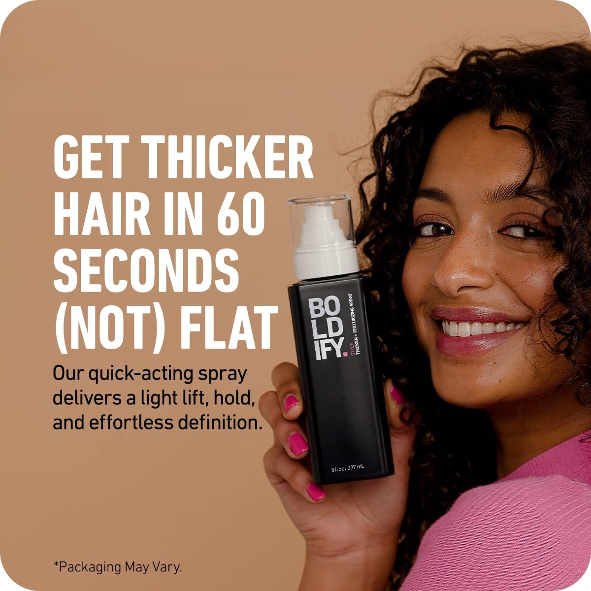 Boldify hair thickening spray dispensing action demonstrates easy coverage