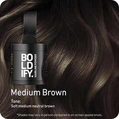Boldify Hairline Powder gray-hair closeup demonstrates natural-looking shade and quick touch-ups.