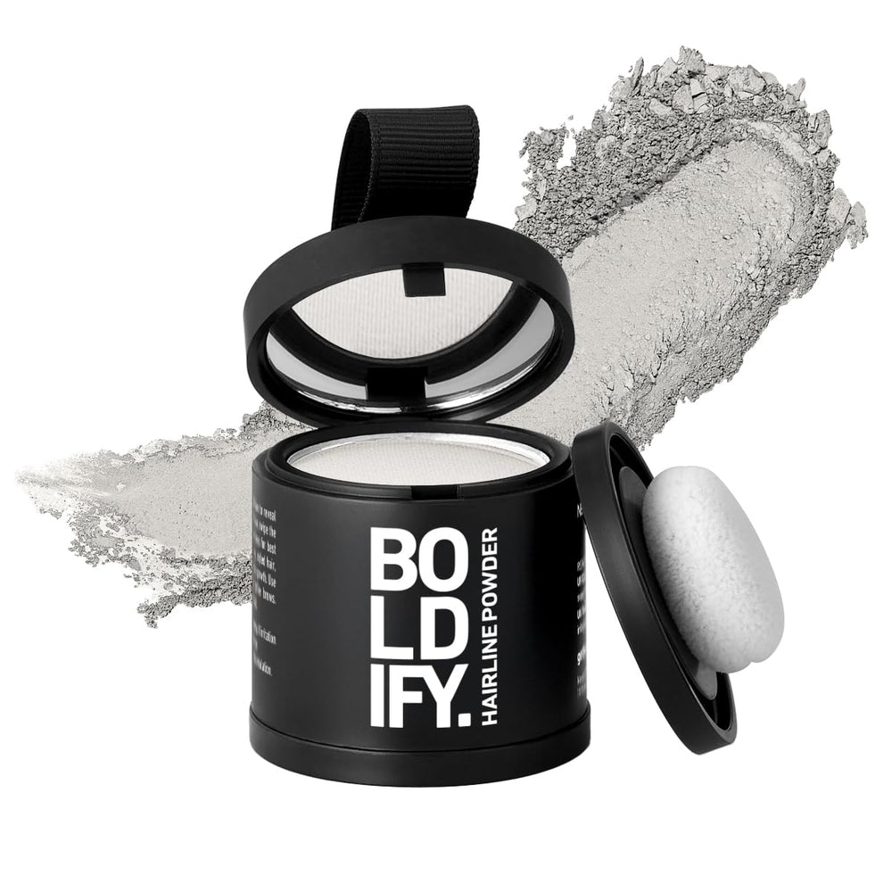 Boldify Hairline Powder packaging in white provides quick, discreet gray coverage
