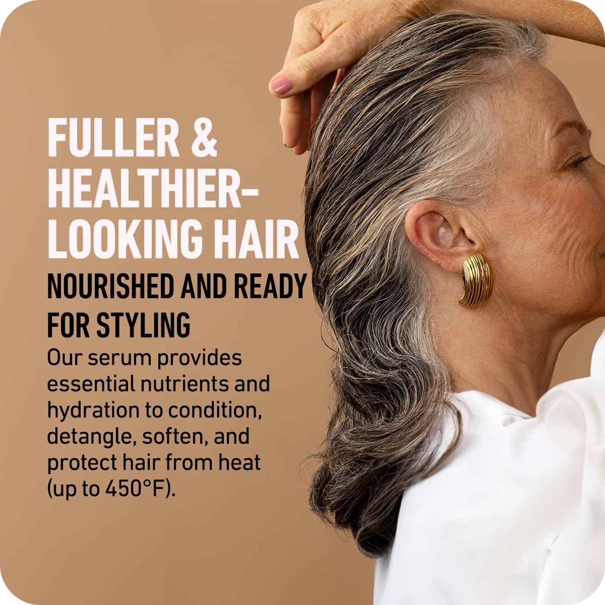 Boldify Leave-In Serum on damp hair detangles and smooths for easier styling