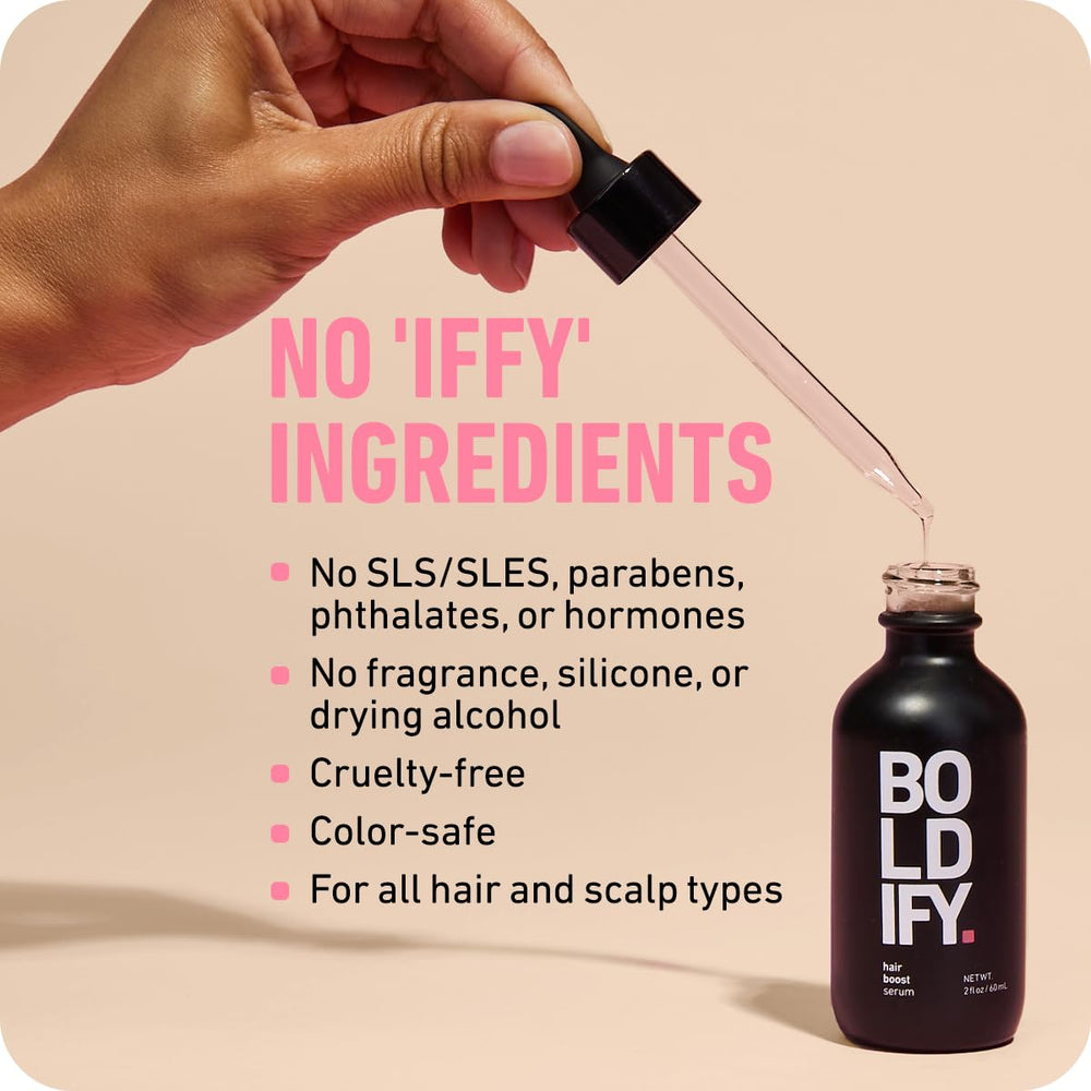 Boldify scalp massage brush alongside serum highlighting usage