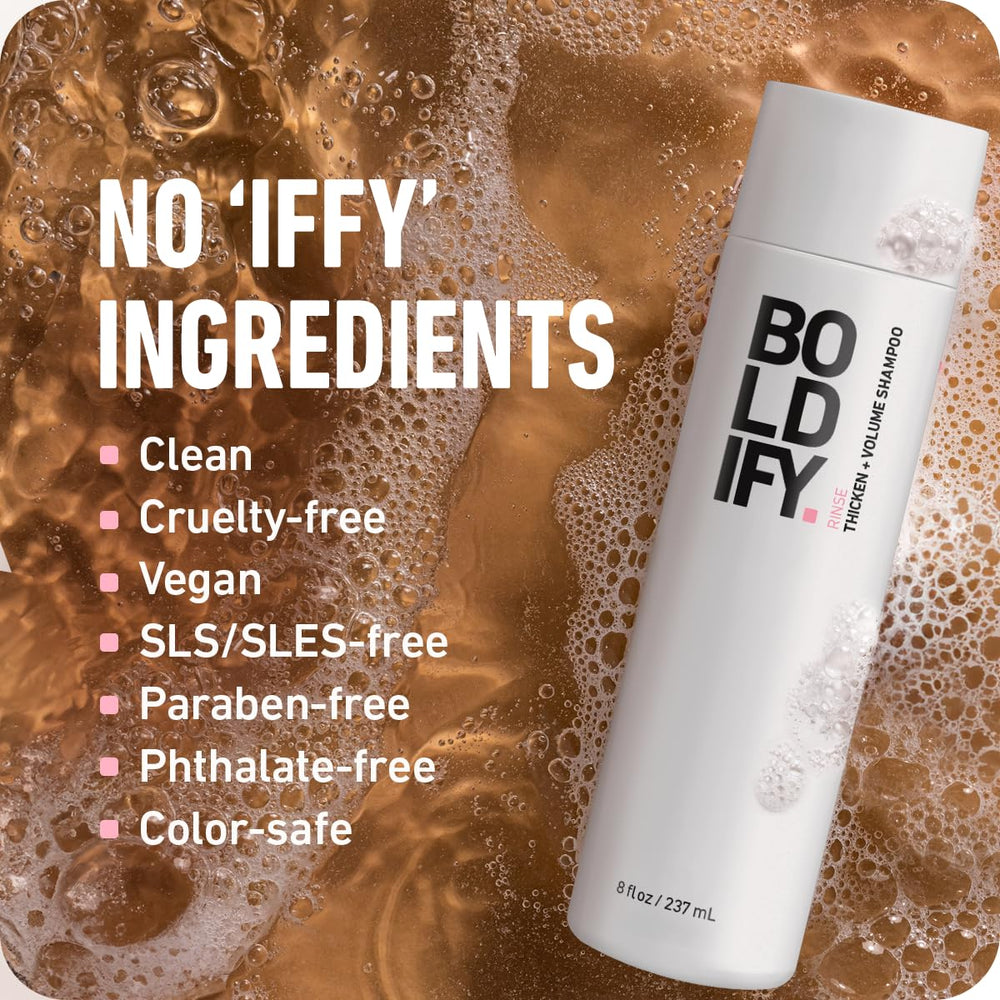 Boldify Thickening Shampoo daily-use routine image implies simple, effective maintenance.