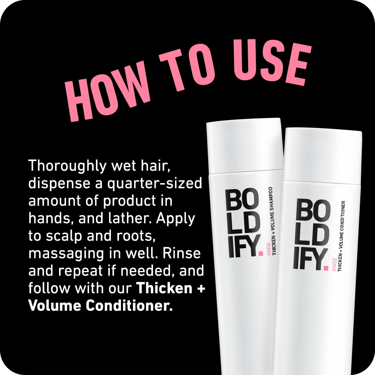 Boldify Thickening Shampoo hair-cleanse scene conveys balanced scalp and clean strands.