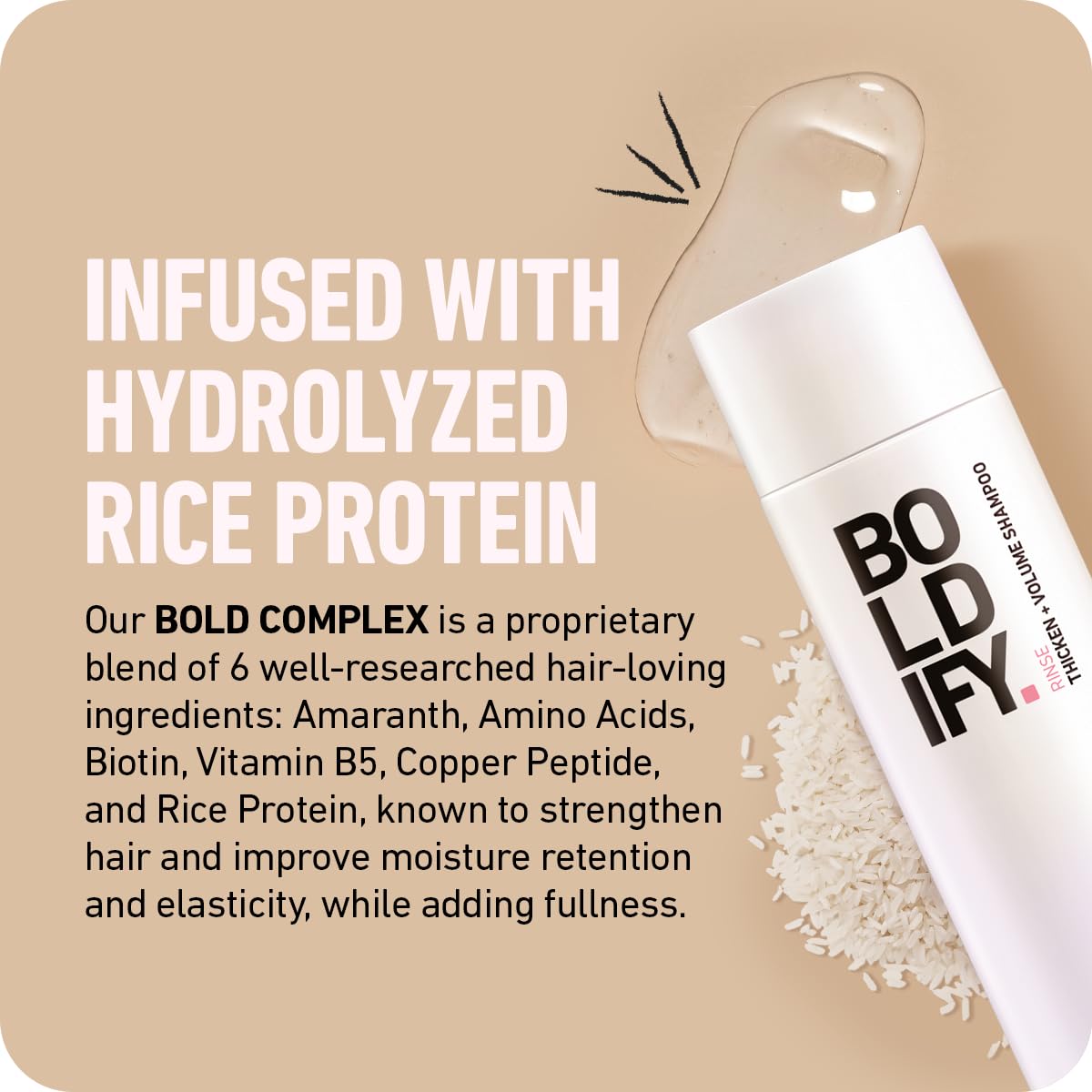 Boldify Thickening Shampoo hair-volume shot hints at immediate lift.