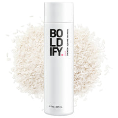 Boldify Thickening Shampoo rice water bottle shows oil-control for a refreshed scalp.