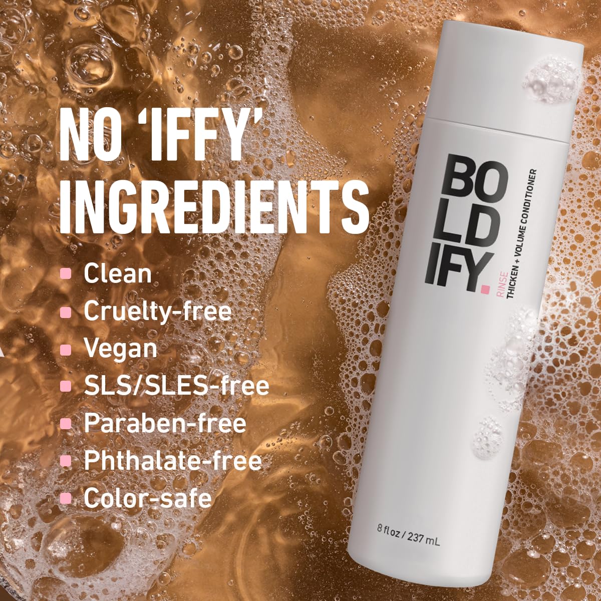 Boldify Thicken Volume Conditioner vegan-sulfate-free badge communicates gentle care for sensitive scalps