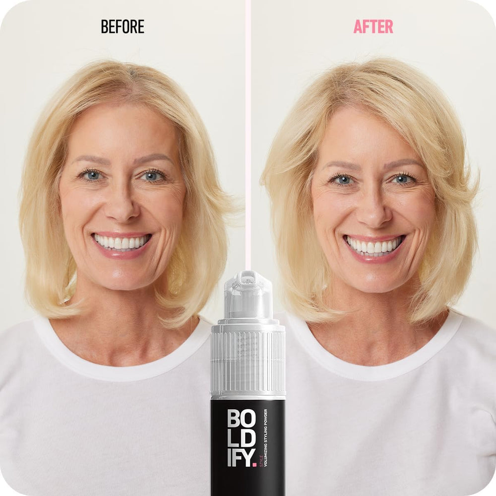 Boldify volumizing powder root lift highlights voluminous, textured hair from the crown