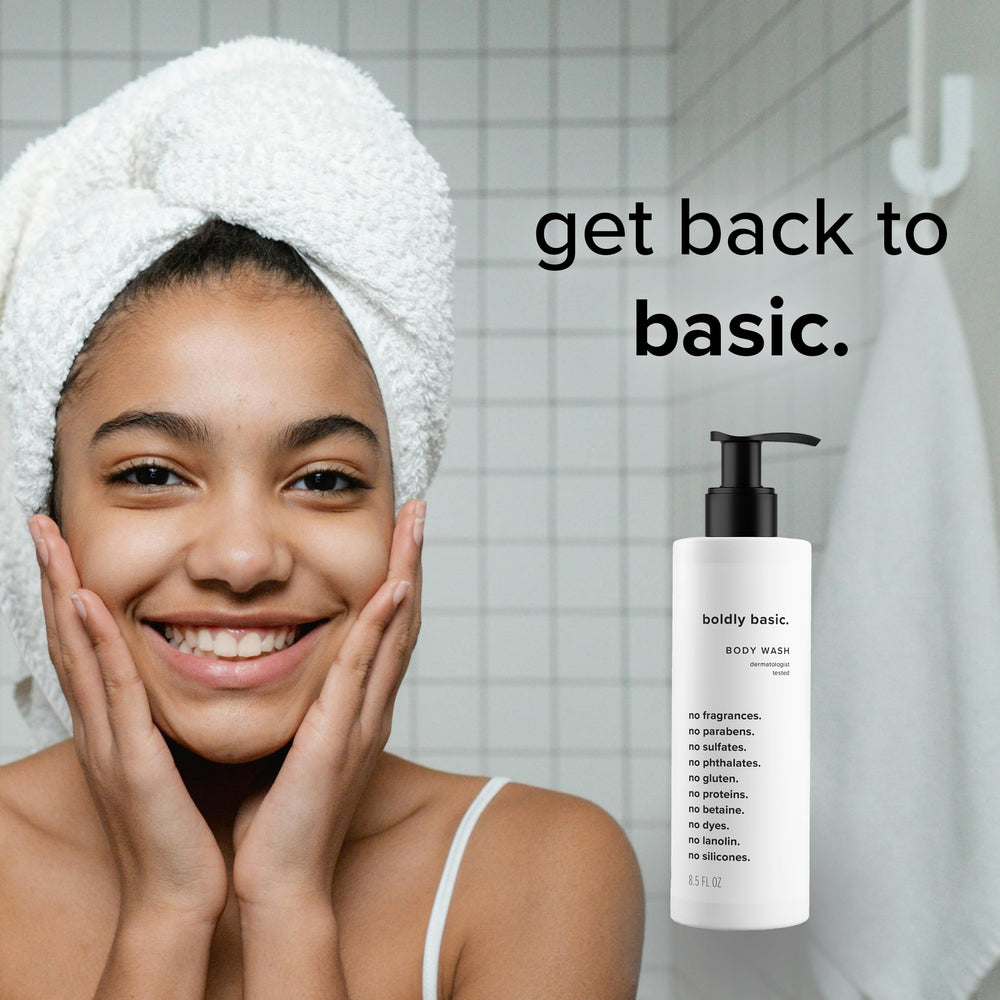 Boldly Basic fragrance-free body wash foamy lather highlights fragrance-free cleansing