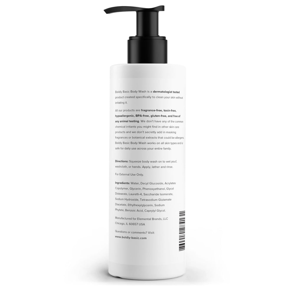 Boldly Basic fragrance-free body wash label closeup with toxin-free formulation