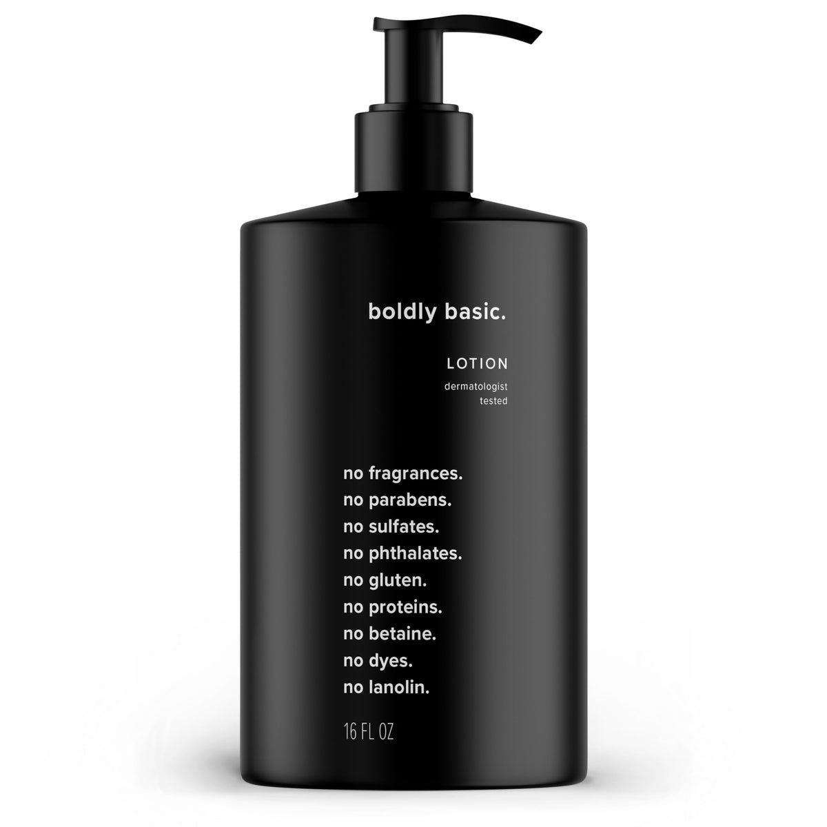Boldly Basic Fragrance Free Lotion bottle closeup highlighting fragrance-free, gentle moisturizer