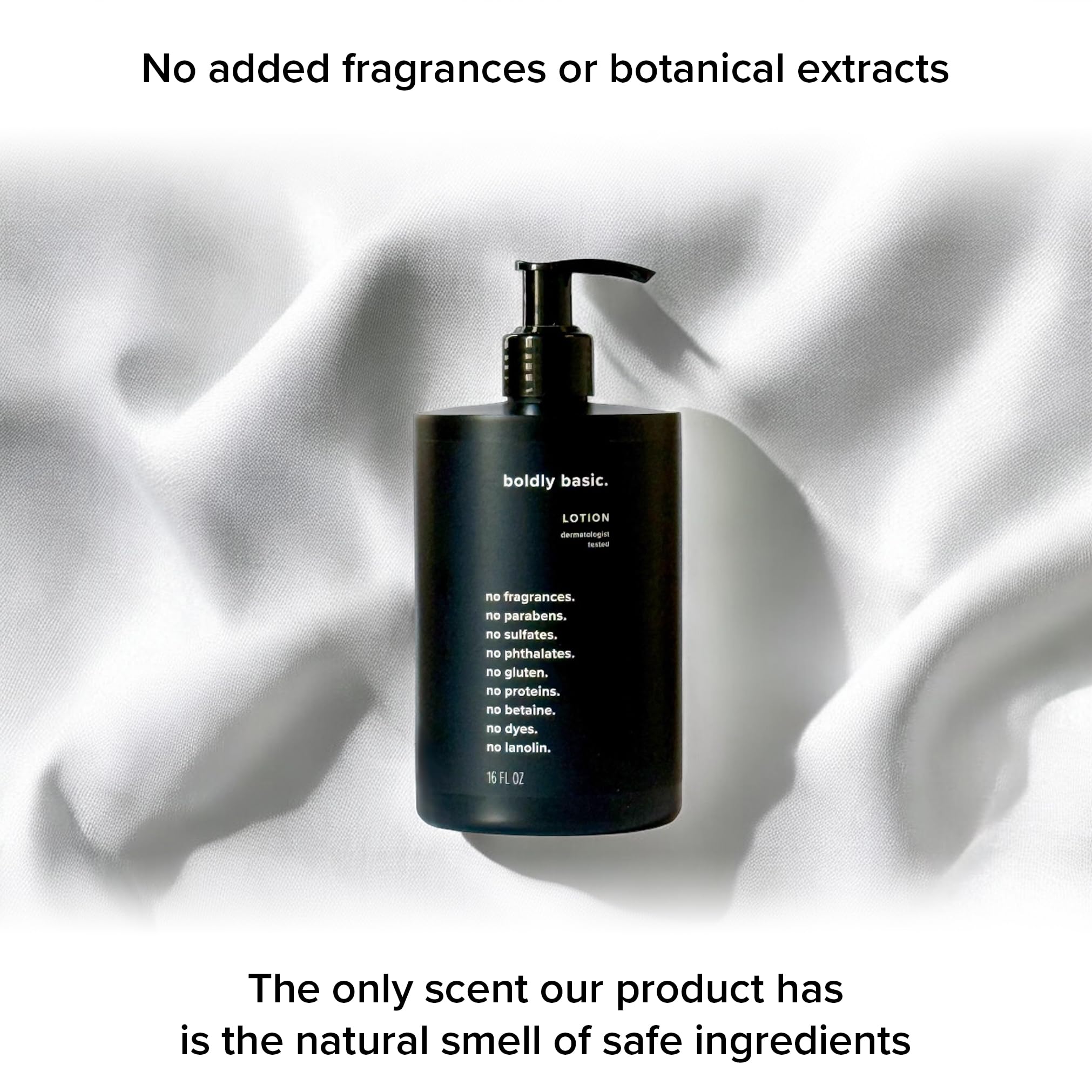 Boldly Basic Fragrance Free Lotion Made in the USA label showing quality