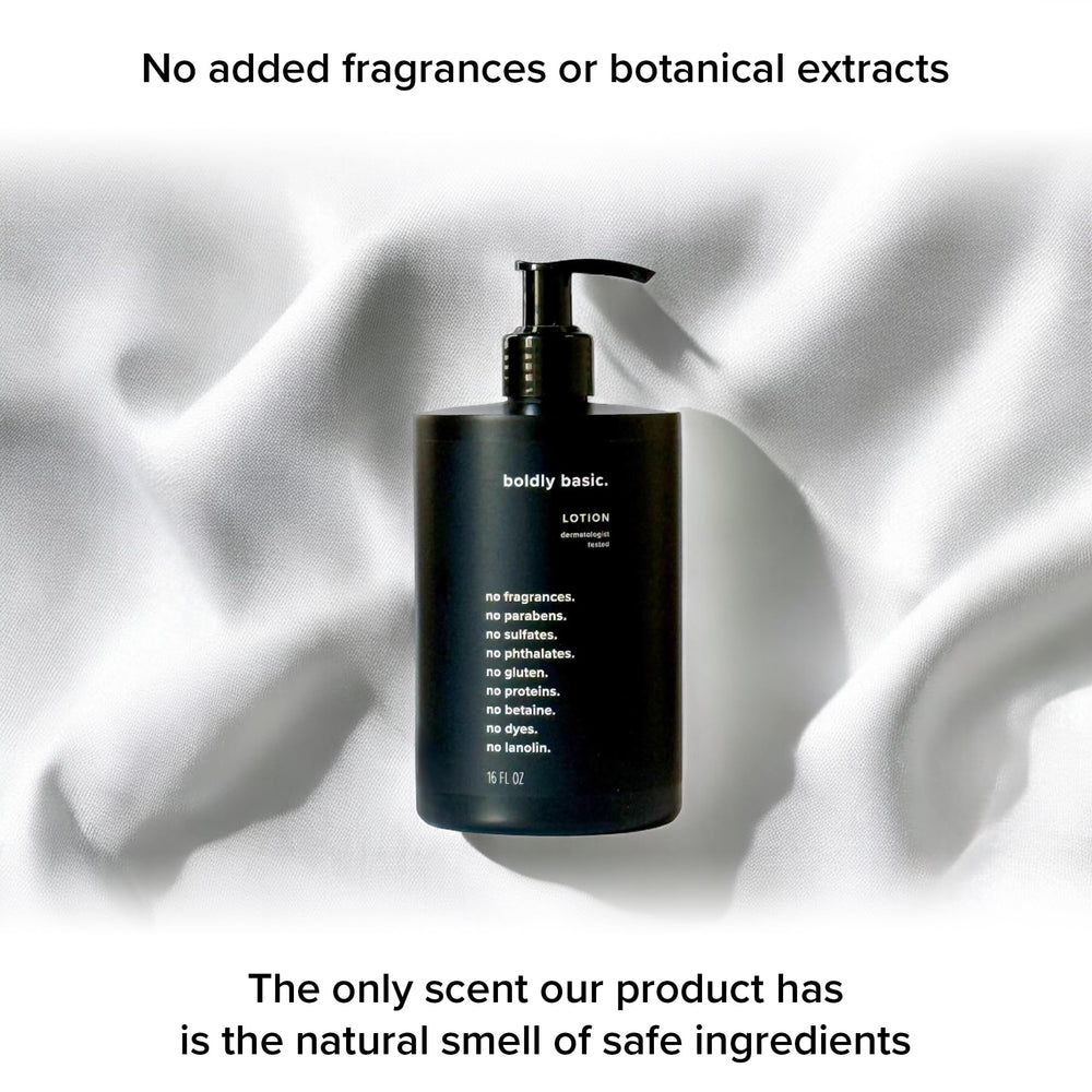 Boldly Basic Fragrance Free Lotion Made in the USA label showing quality