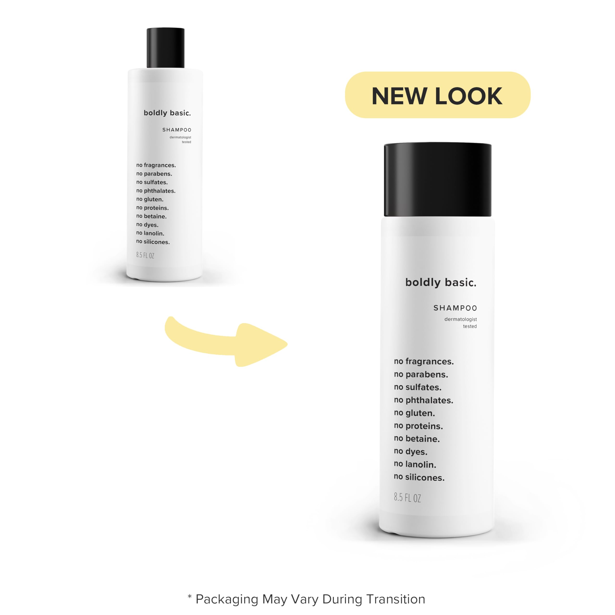 Boldly Basic fragrance-free shampoo packaging on bathroom shelf