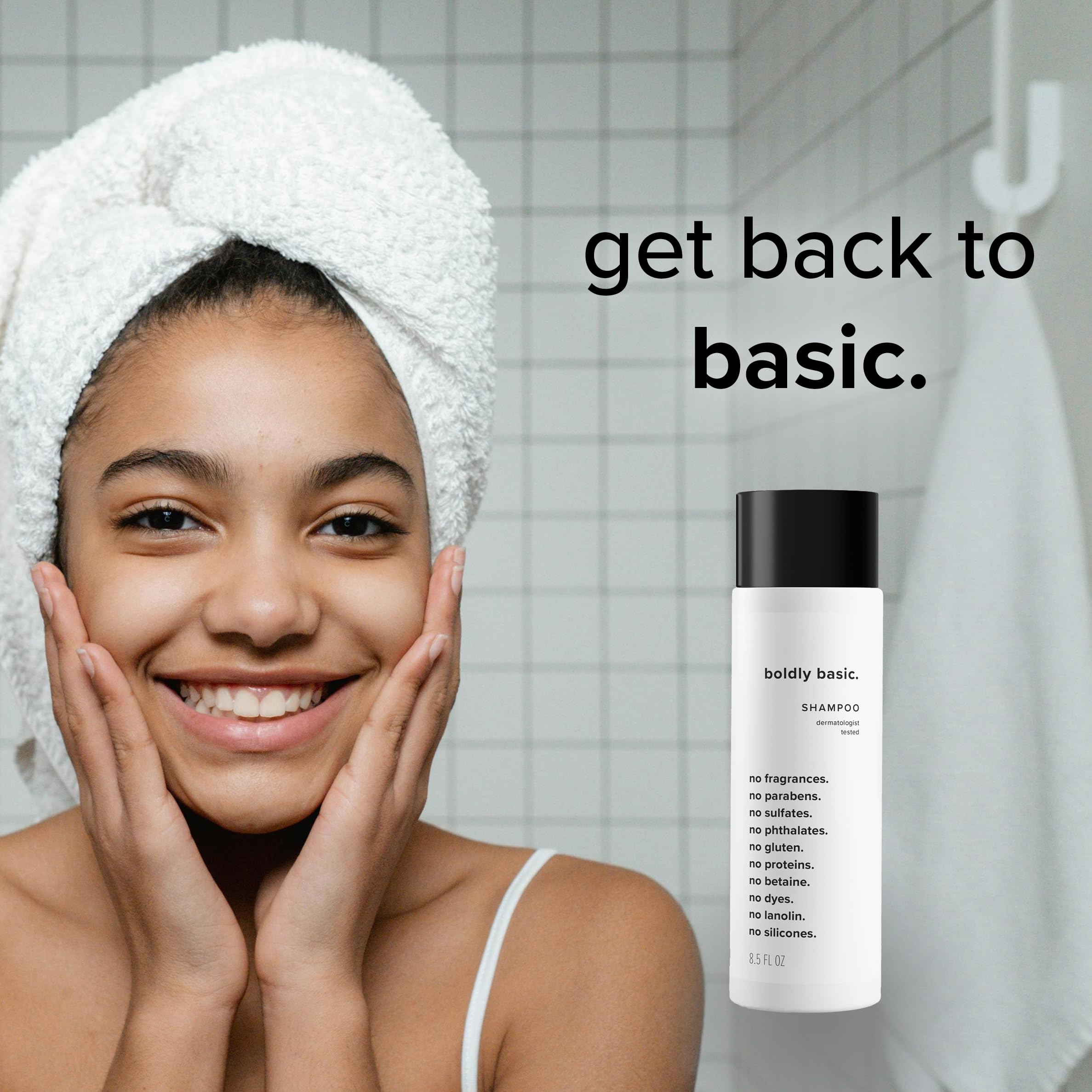 Boldly Basic fragrance-free shampoo label close-up on dermatologist-tested claim
