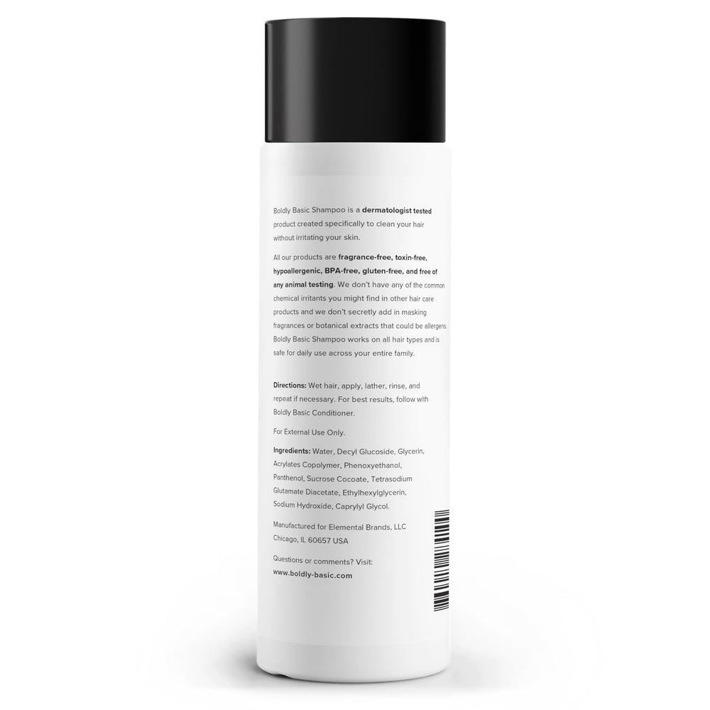 Boldly Basic fragrance-free shampoo pump highlighting toxin-free care
