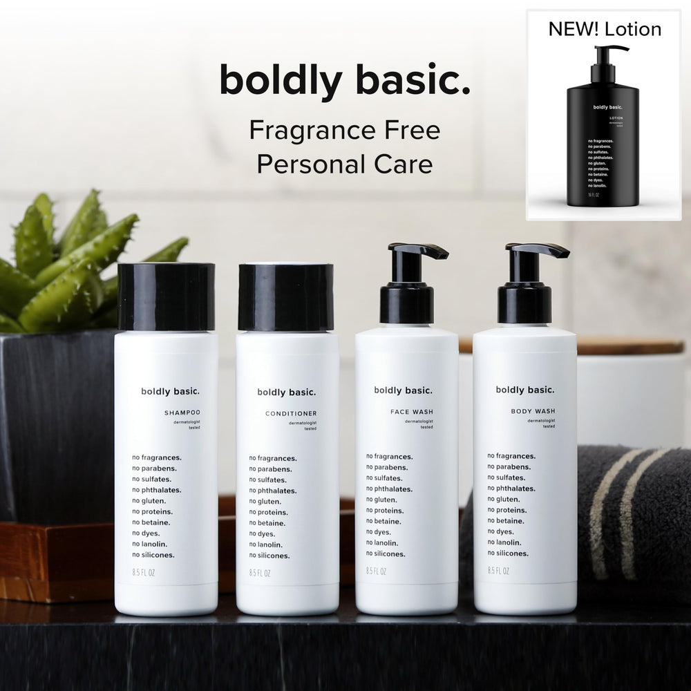 Boldly Basic fragrance-free shampoo USA-made badge visible on bottle