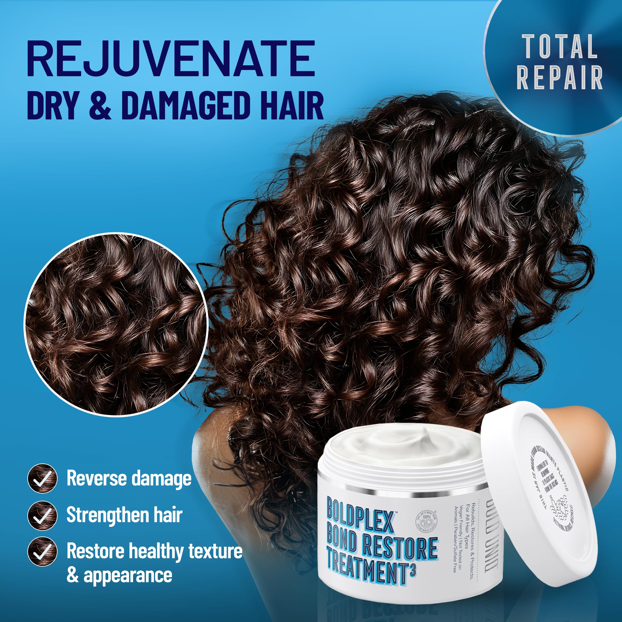 Bold UNIQ BoldPlex ingredients close-up highlights bond-building formula for stronger hair.
