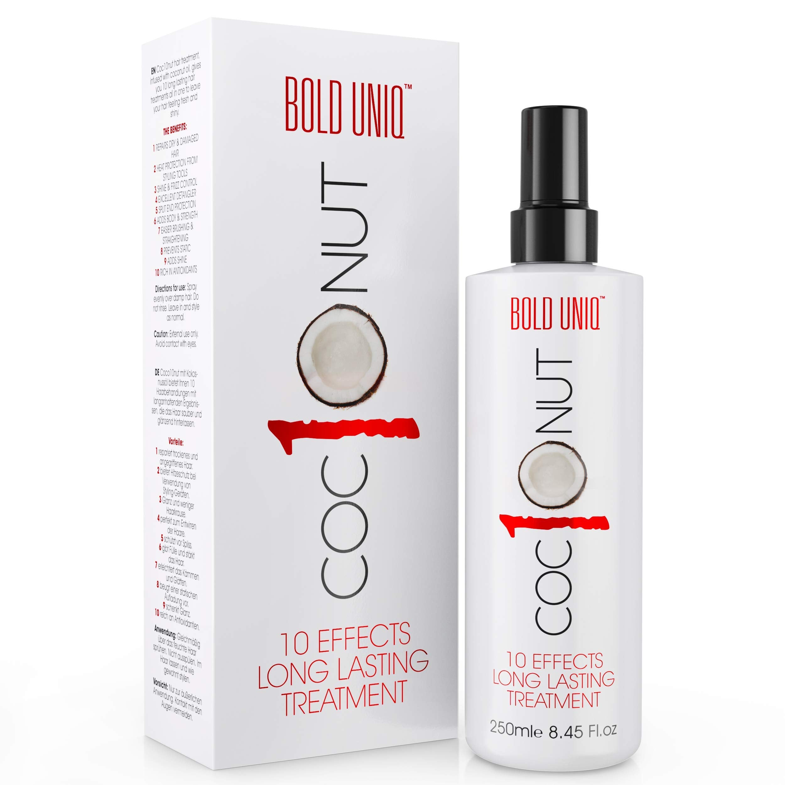 Bold Uniq Coconut Thermal Protection Spray bottle shows heat defense up to 450°F.