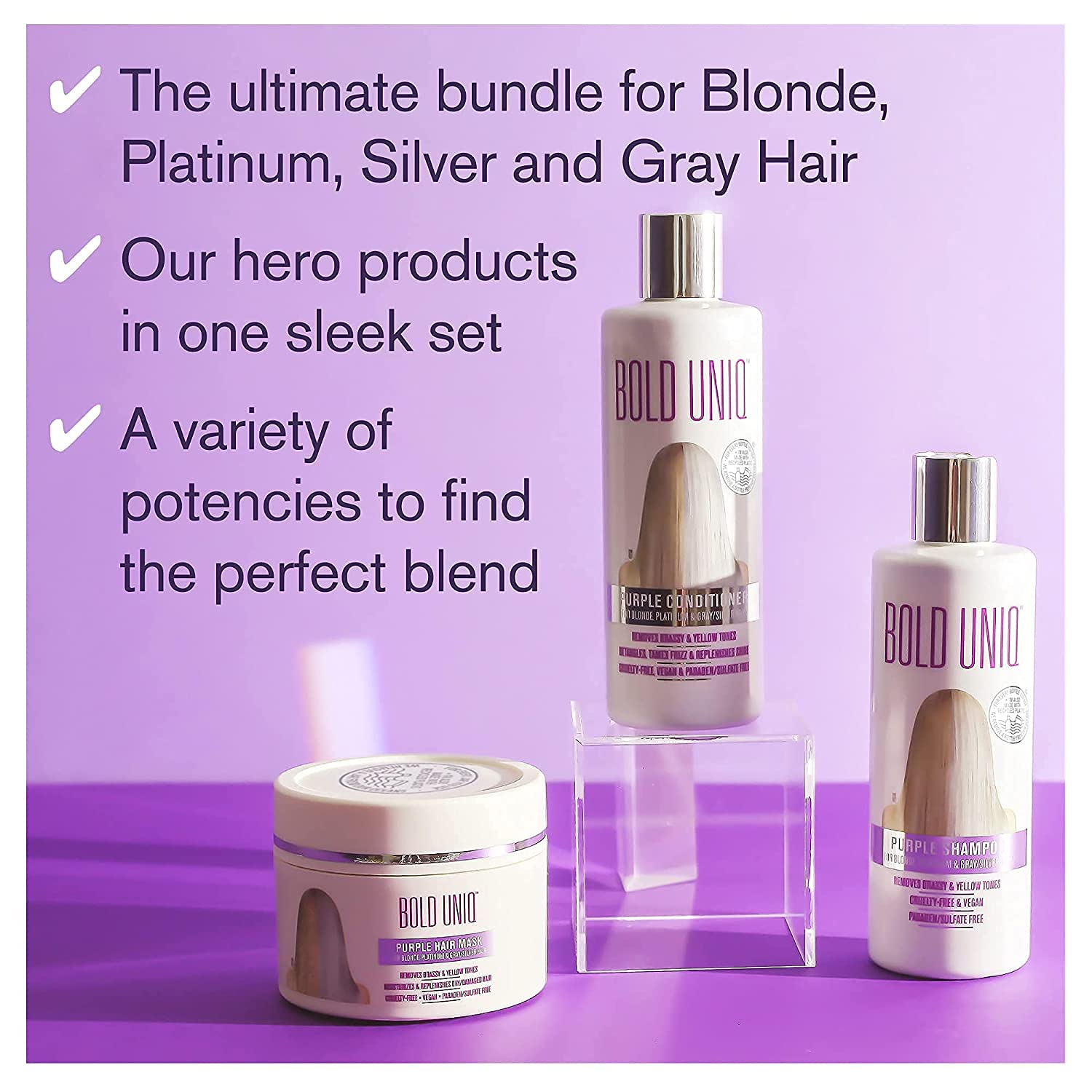 Bold Uniq Purple Mask tub close-up—revives dull brassy hair with deep hydration.