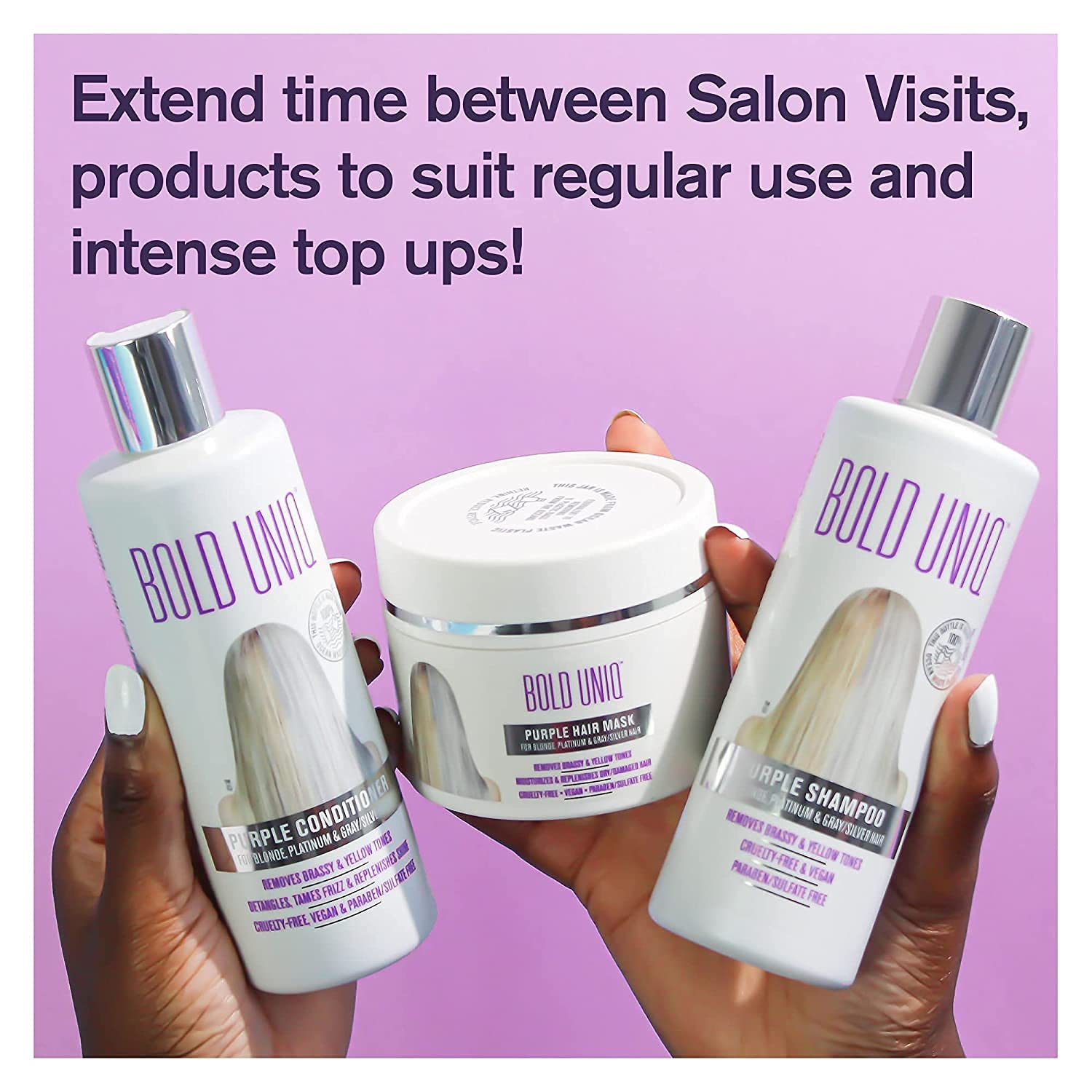 Bold Uniq shampoo and conditioner duo—together for frizz-free, polished hair.