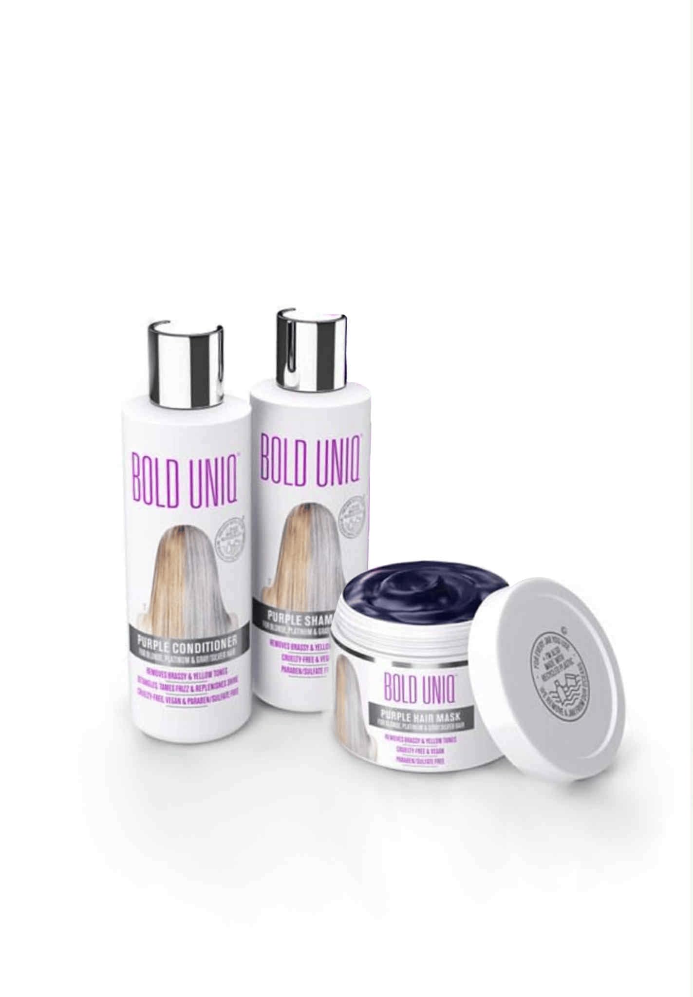 Bold Uniq Purple Shampoo bottle front—brass reduction for cooler blonde tones.