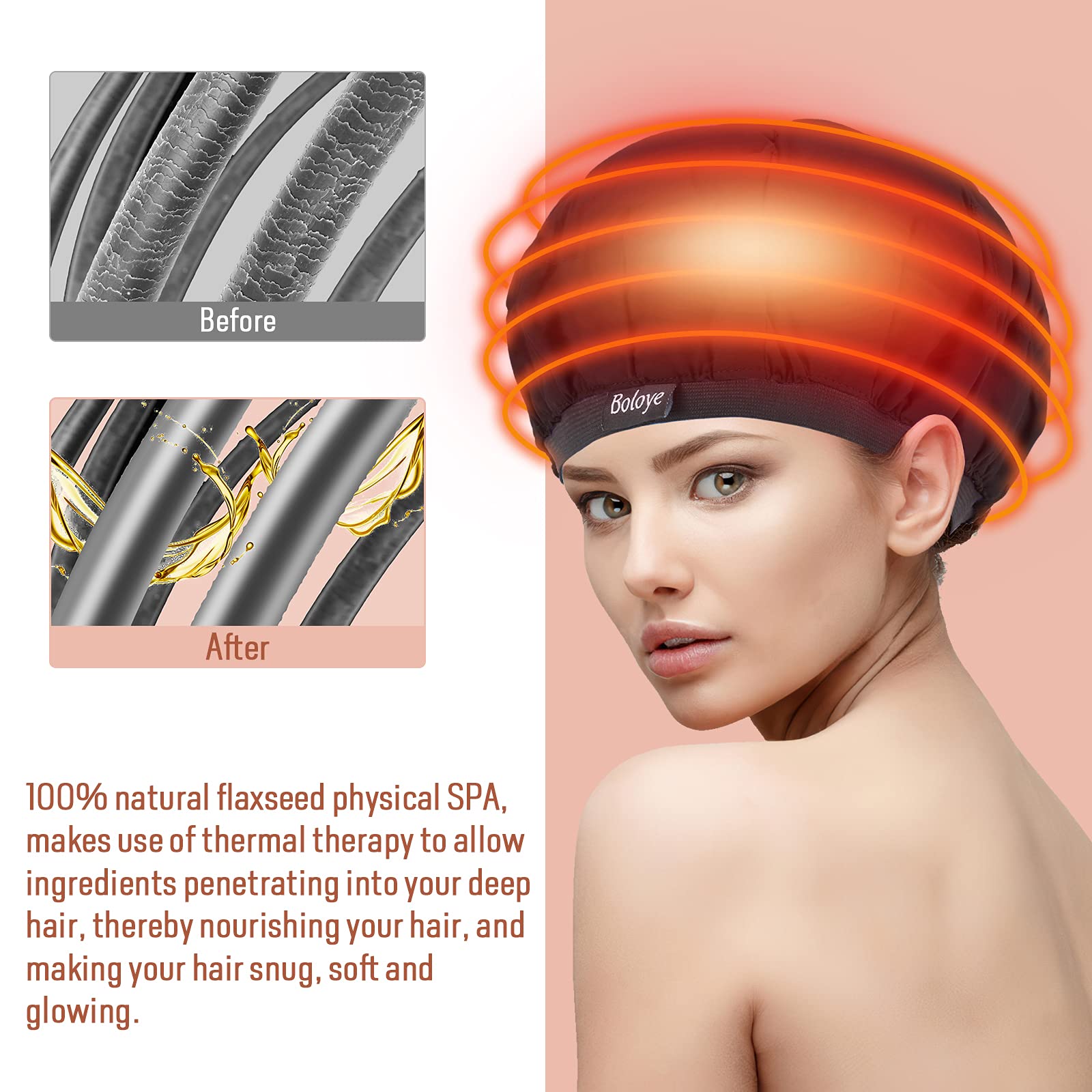 Boloye flaxseed heat cap worn hands-free for relaxed at-home conditioning.