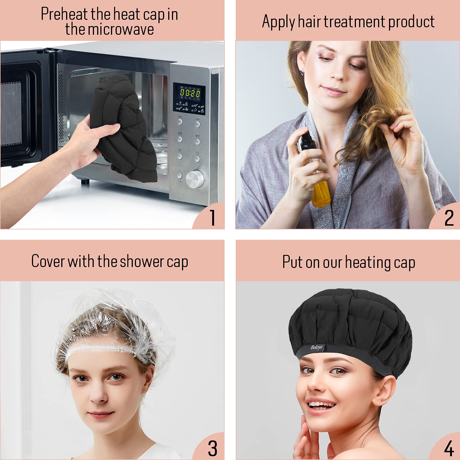 Boloye flaxseed heat cap universal fit accommodates most head sizes.
