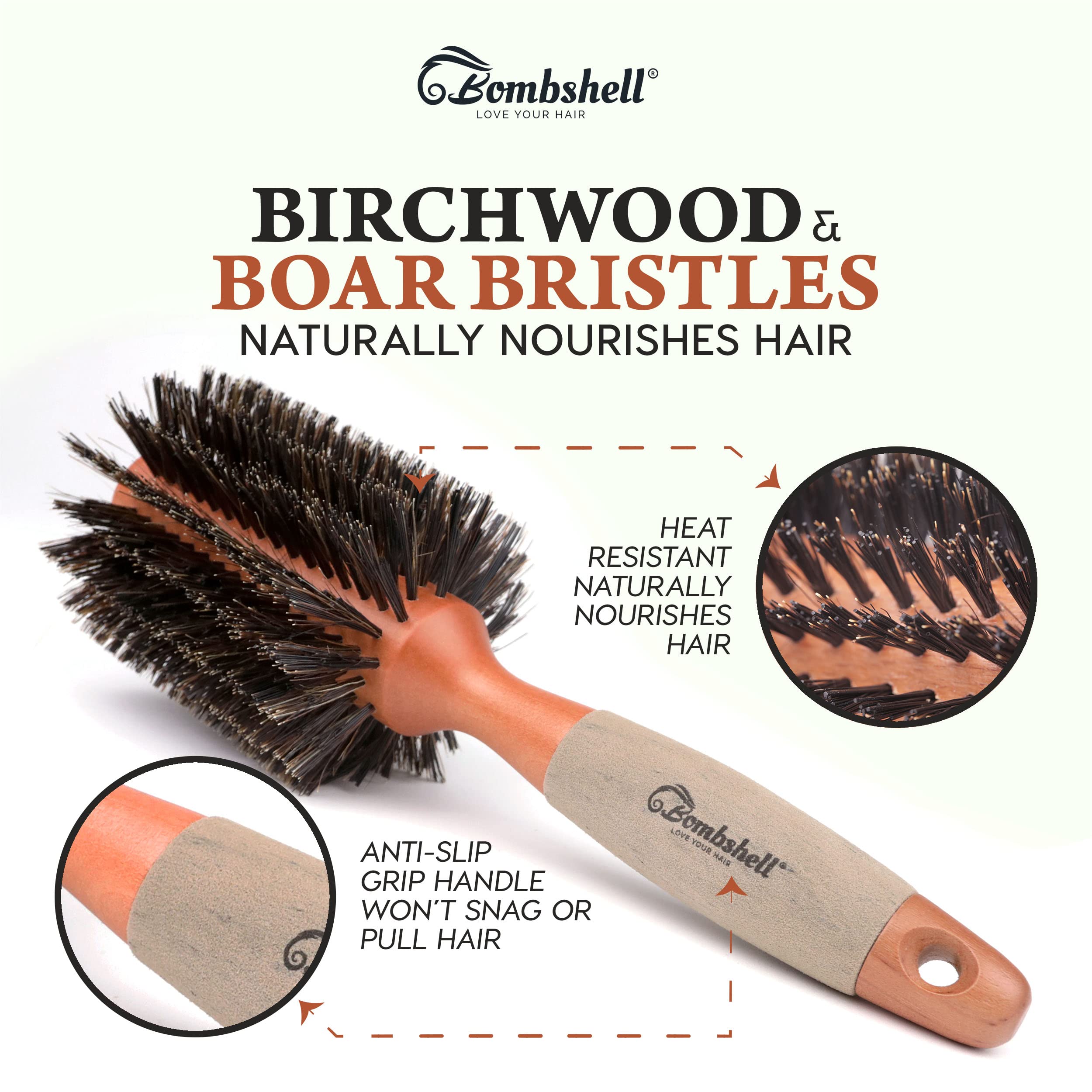 Bombshell Boar Bristle Round Brush in use during a blowout for volume