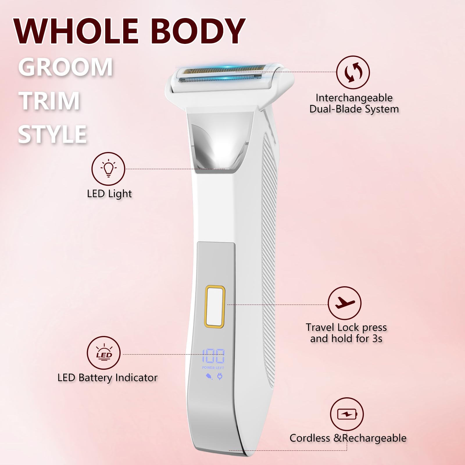 Bomic R-shaped ceramic head safety close-up emphasizes nick-free grooming.
