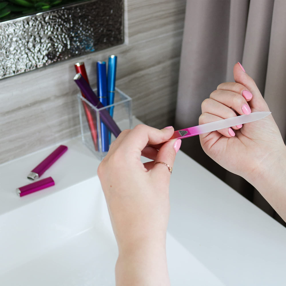 Bona Fide Beauty Bohemian glass nail file closeup on natural nails for quality care.