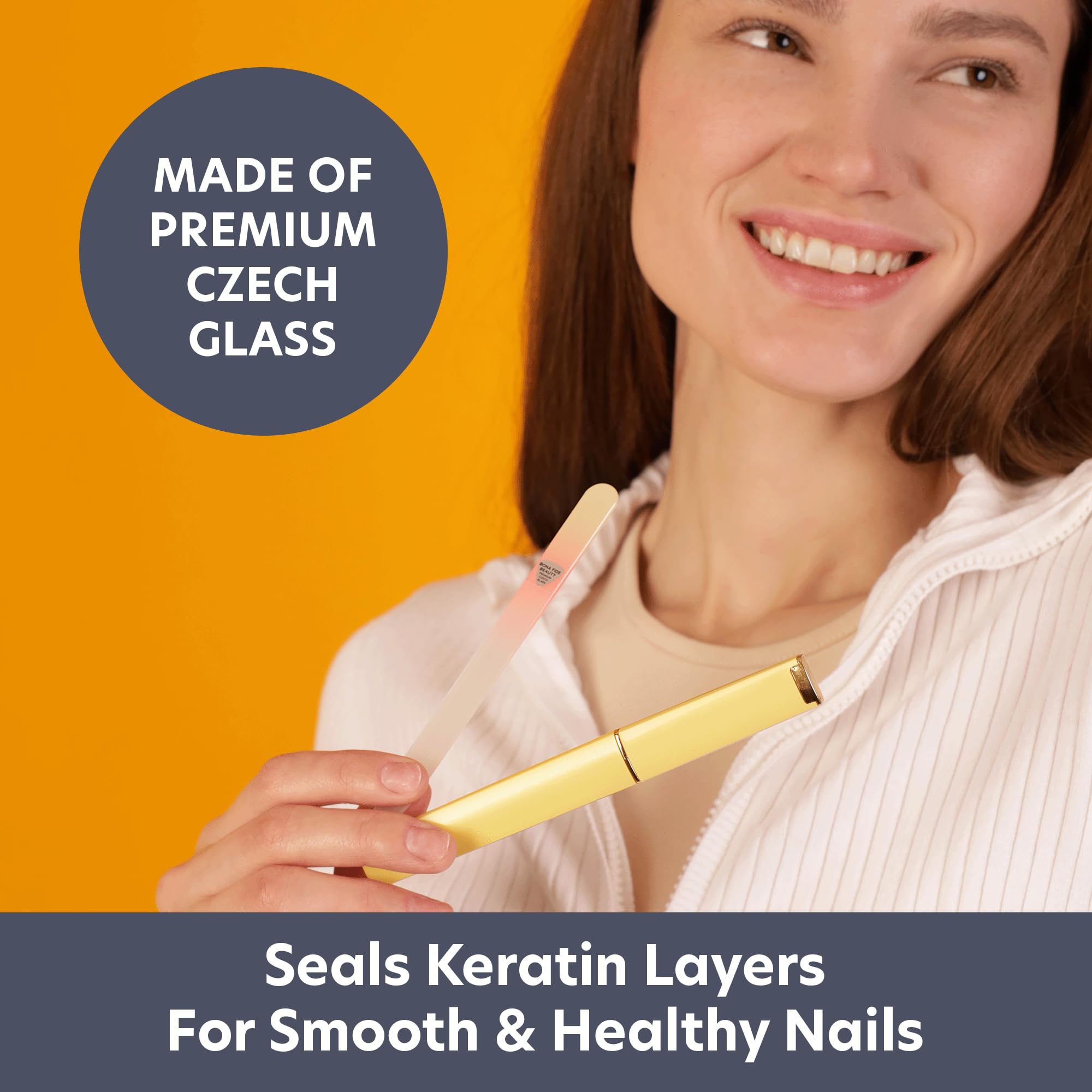 Bona Fide Beauty nail file etched glass detail highlights durability and long-lasting surface.