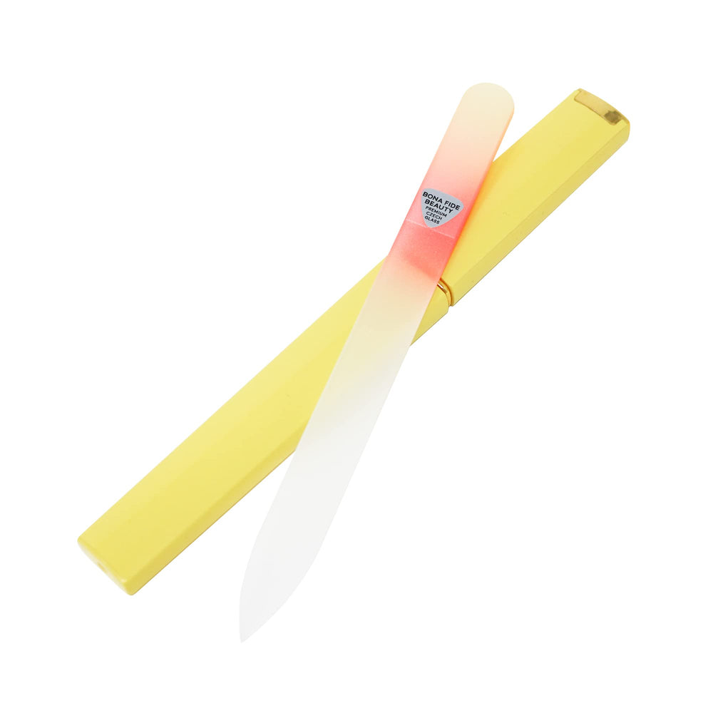 Bona Fide Beauty Czech Glass Nail File front view in gold-orange for precise shaping and smooth nails.