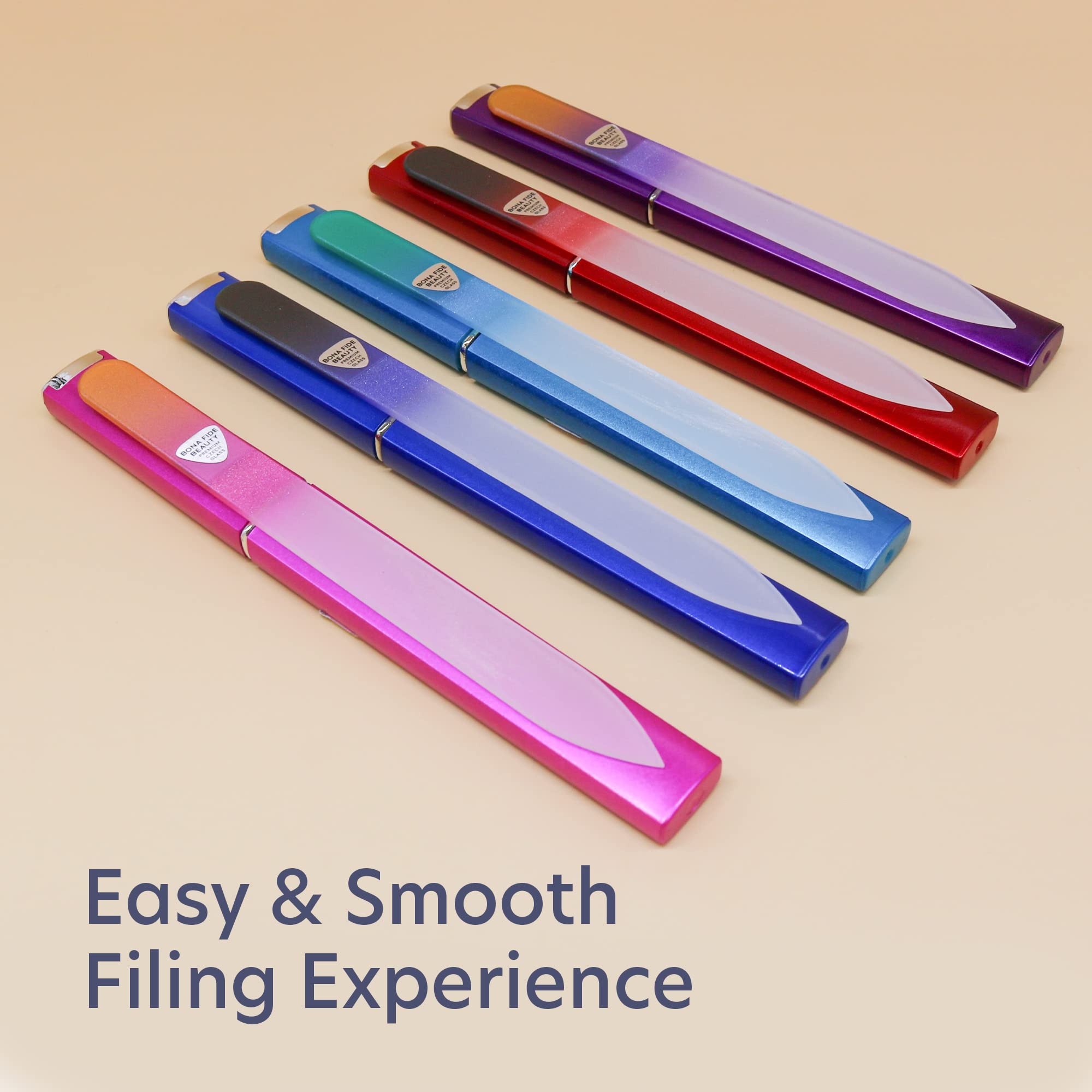 Bona Fide Beauty Czech glass nail file set in omnidirectional use for comfortable filing.