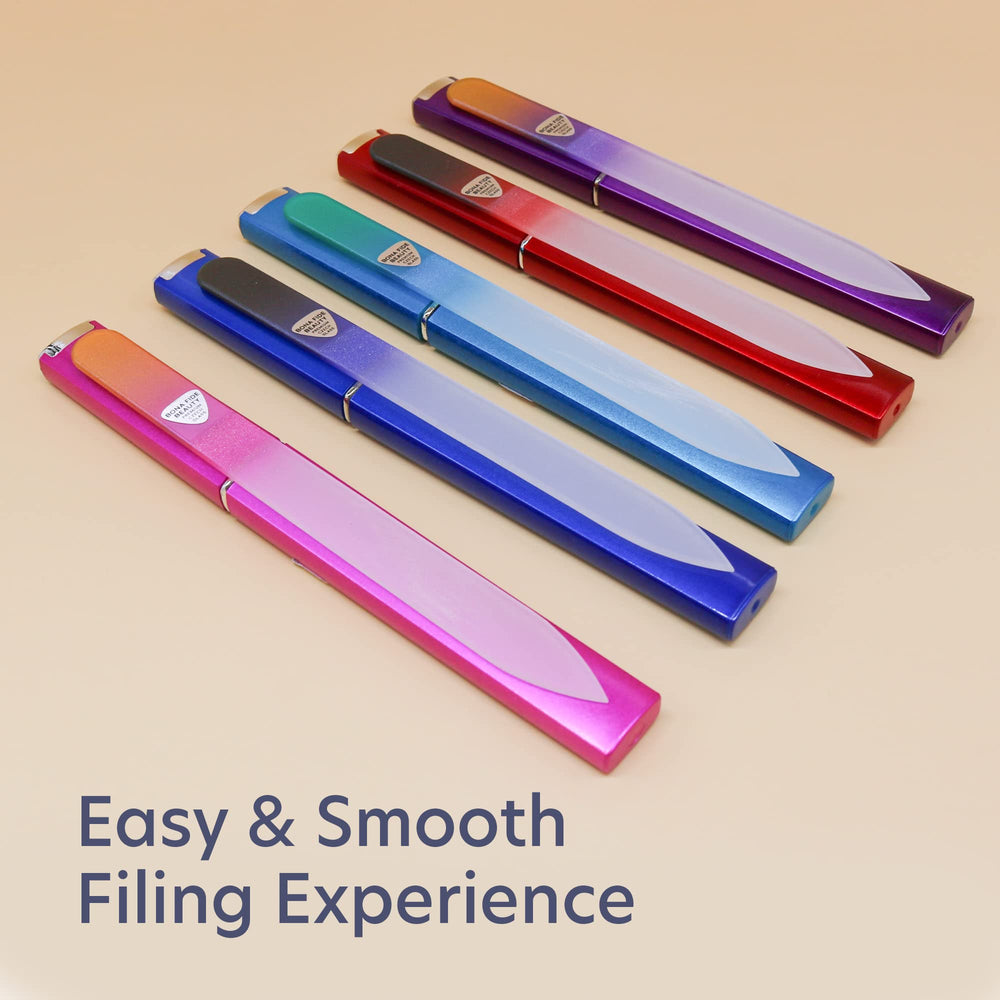 Bona Fide Beauty Czech glass nail file set in omnidirectional use for comfortable filing.