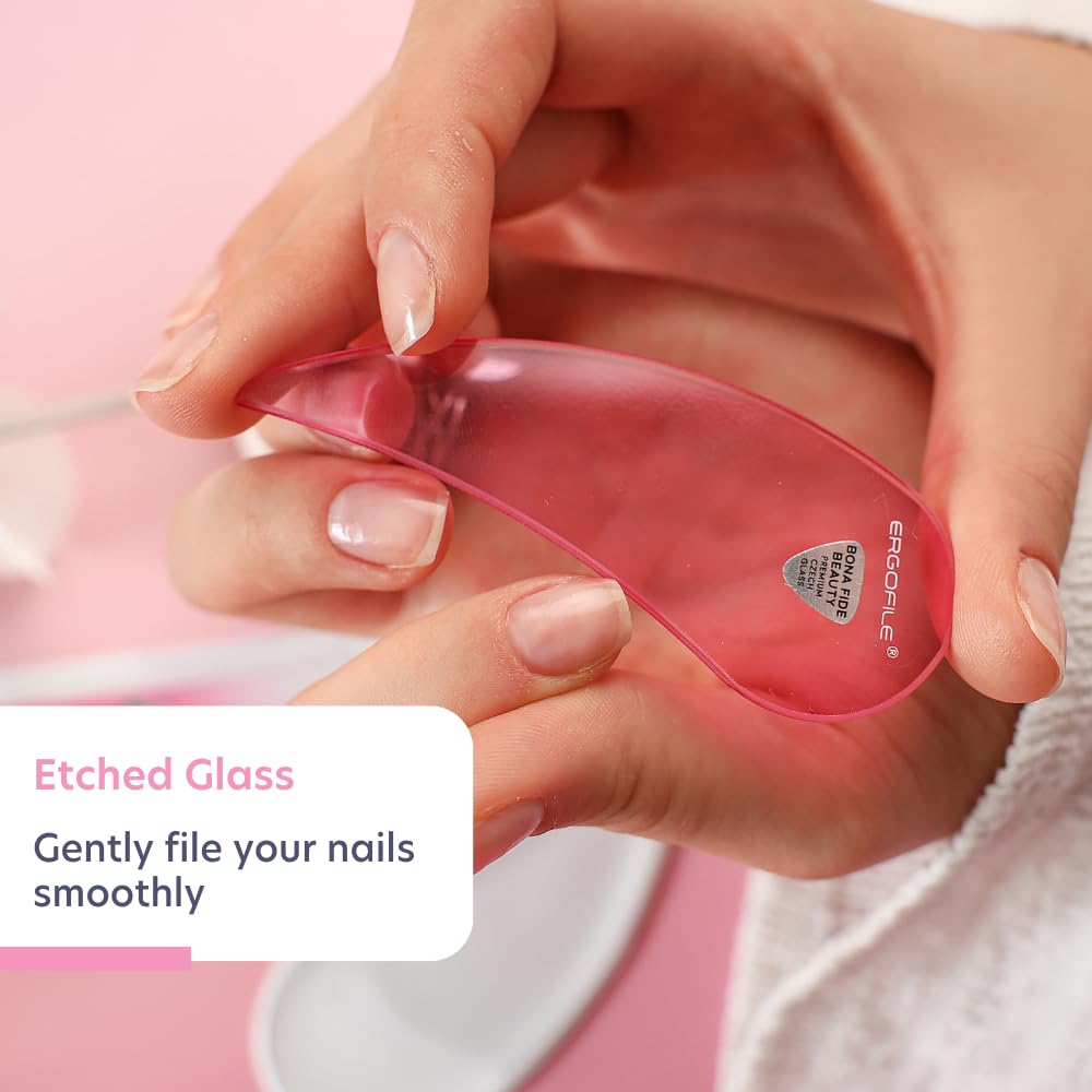 Bona Fide Beauty pink crystal file angled to shape nails efficiently.