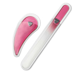 Bona Fide Beauty Ergo File pink glass nail file held for precise filing.