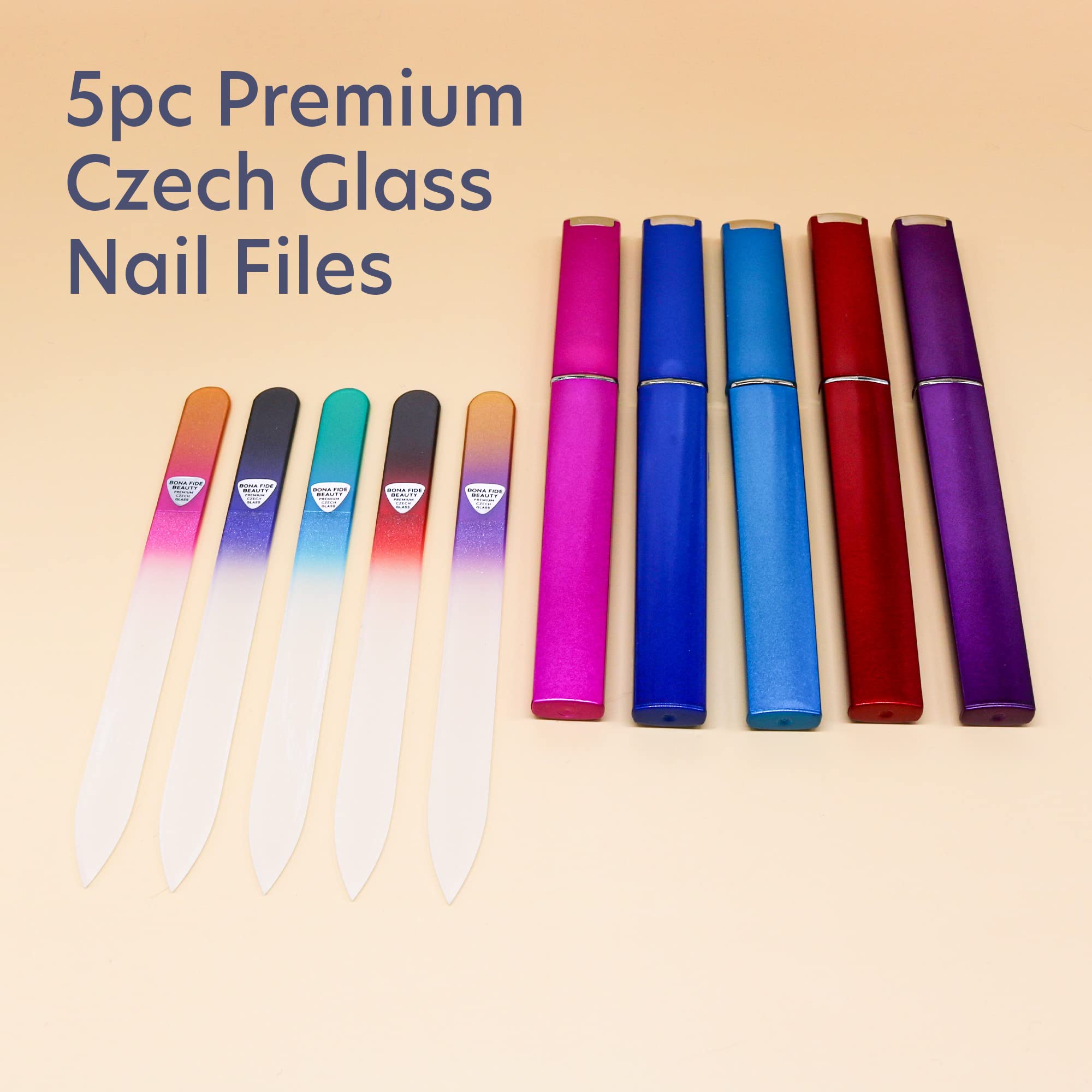 Bona Fide Beauty etched glass nail file closeup showing 180/240 grit for smooth edges.