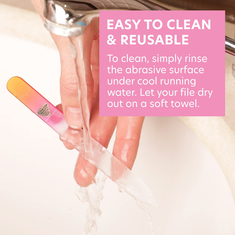 Bona Fide Beauty EU-made glass nail file emphasizes craftsmanship and high-quality materials.