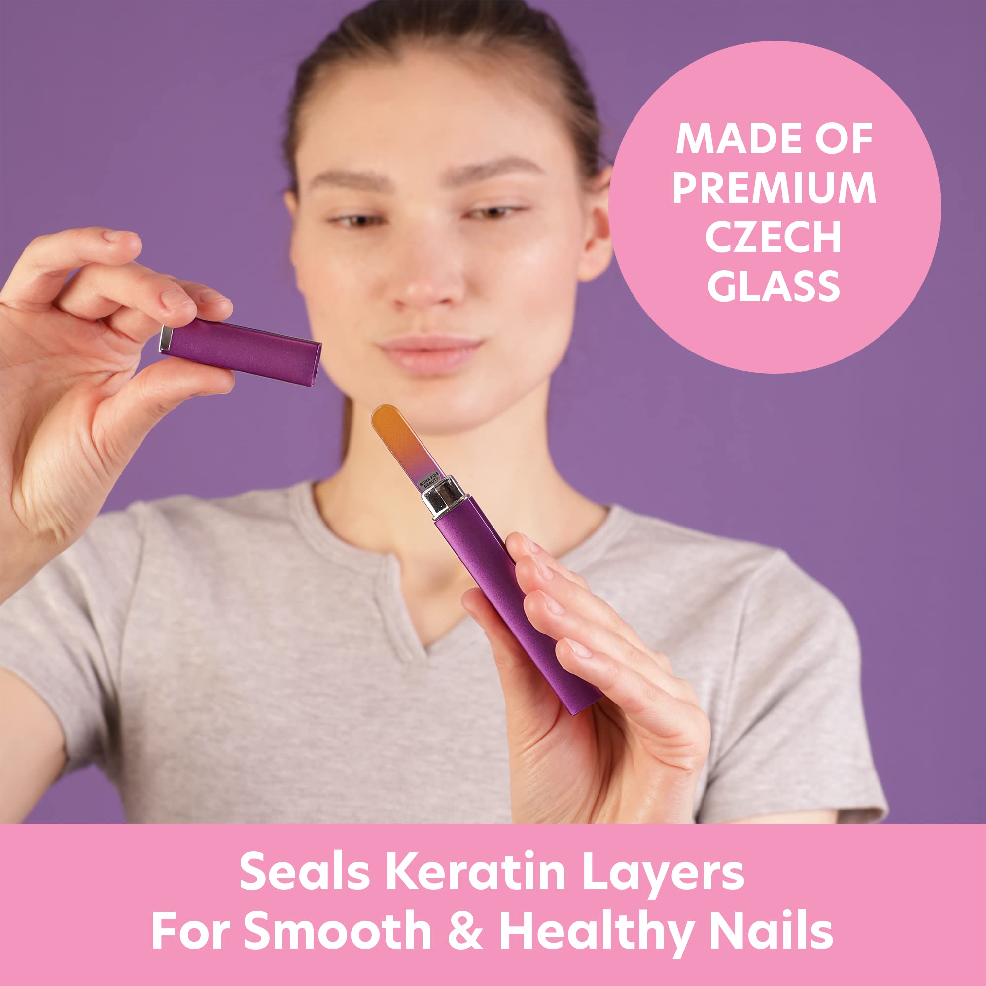 Bona Fide Beauty glass nail file in case for travel-friendly grooming.