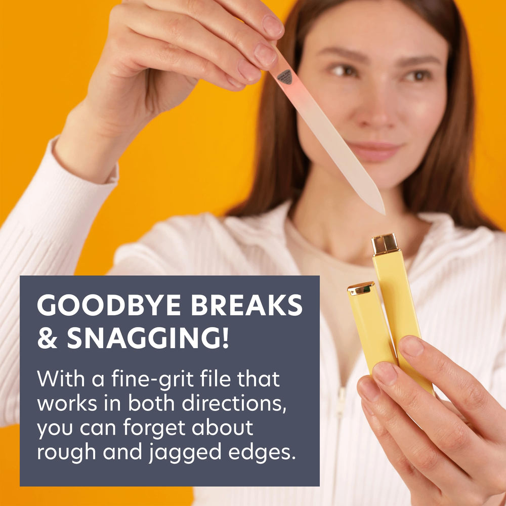 Bona Fide Beauty nail file in hand demonstrates comfortable, bidirectional filing.
