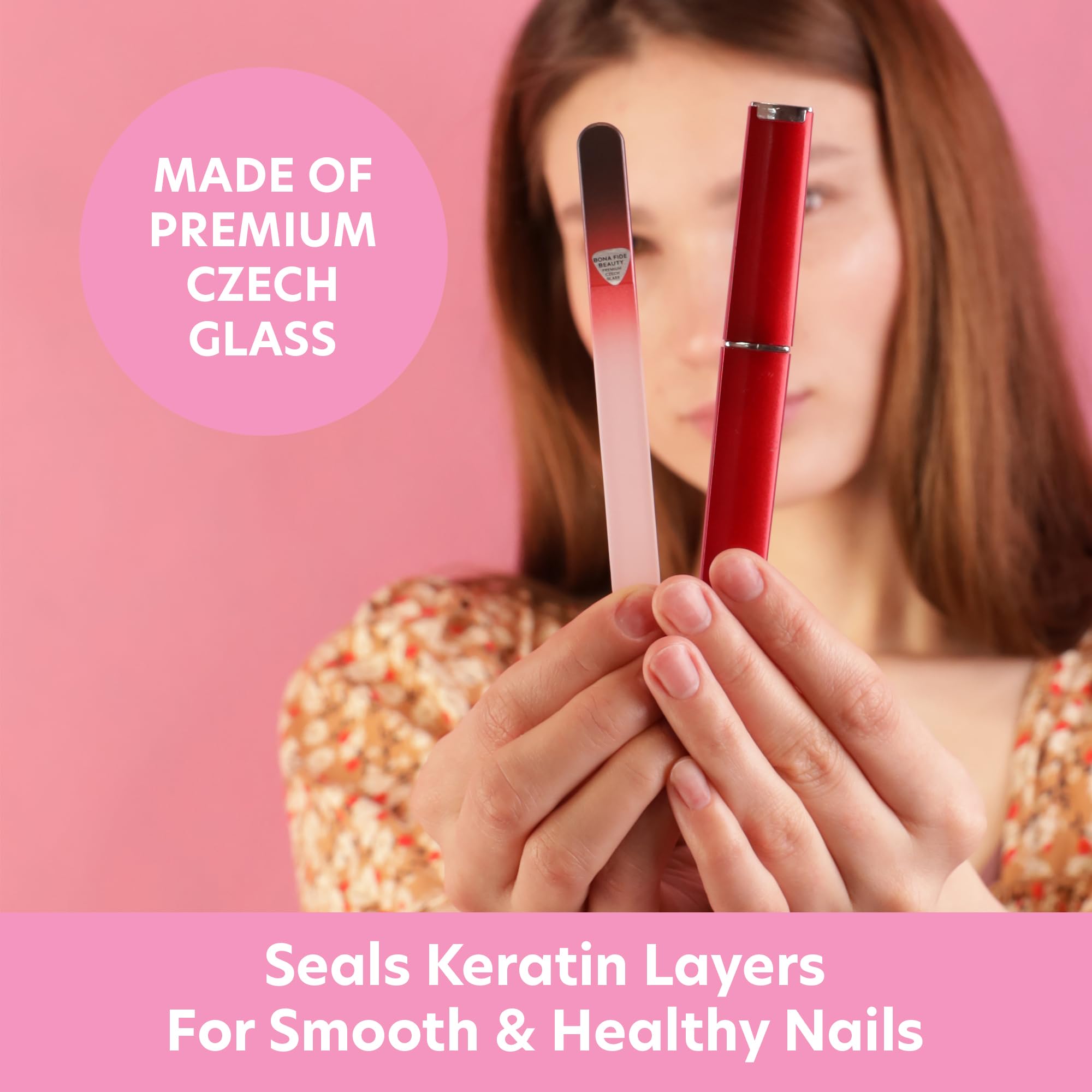 Bona Fide Beauty black-red ombre glass nail file ready for precise shaping