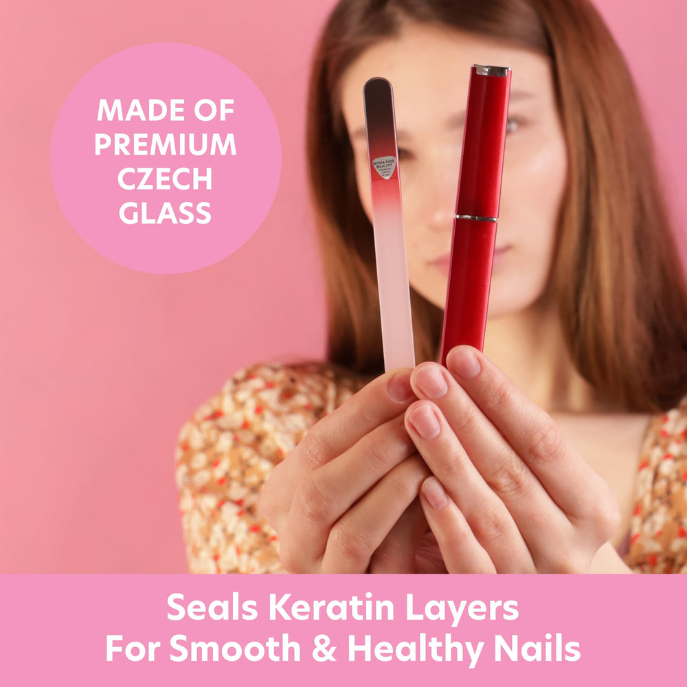 Bona Fide Beauty black-red ombre glass nail file ready for precise shaping