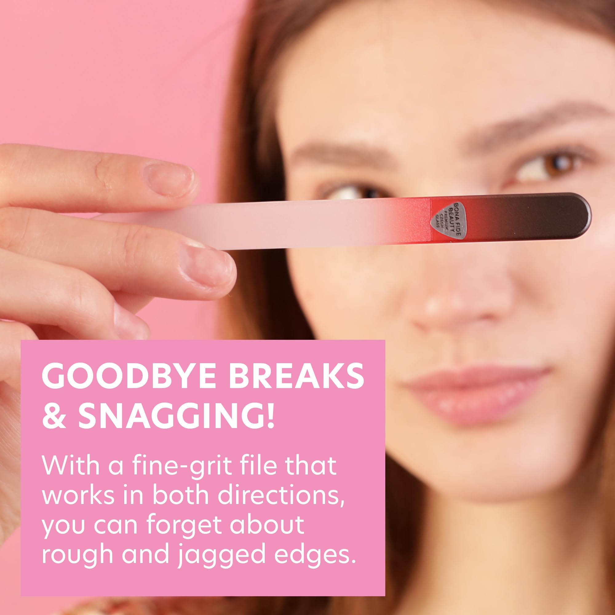 Hands using the Bona Fide Beauty glass file demonstrate gentle shaping on natural nails