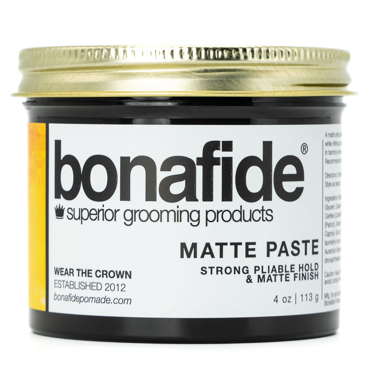 Bona Fide Pomade matte-paste-bottle-label shows premium matte finish for versatile textured style.