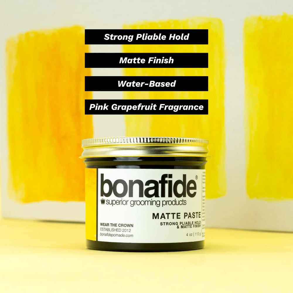 Bona Fide Pomade matte-paste-jar-closeup highlights natural clays and oils for pliable hold.